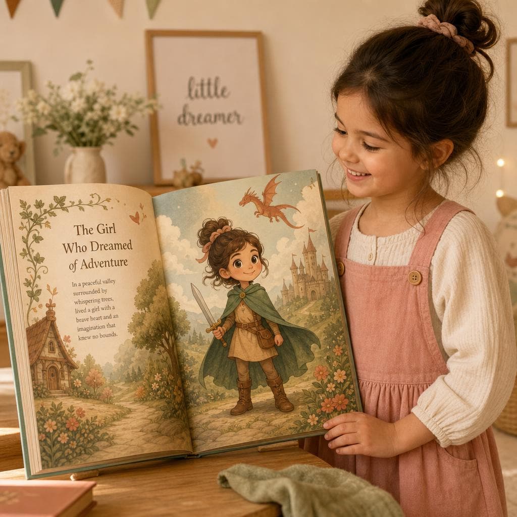 A child next to their illustrated avatar hero inside a personalized storybook