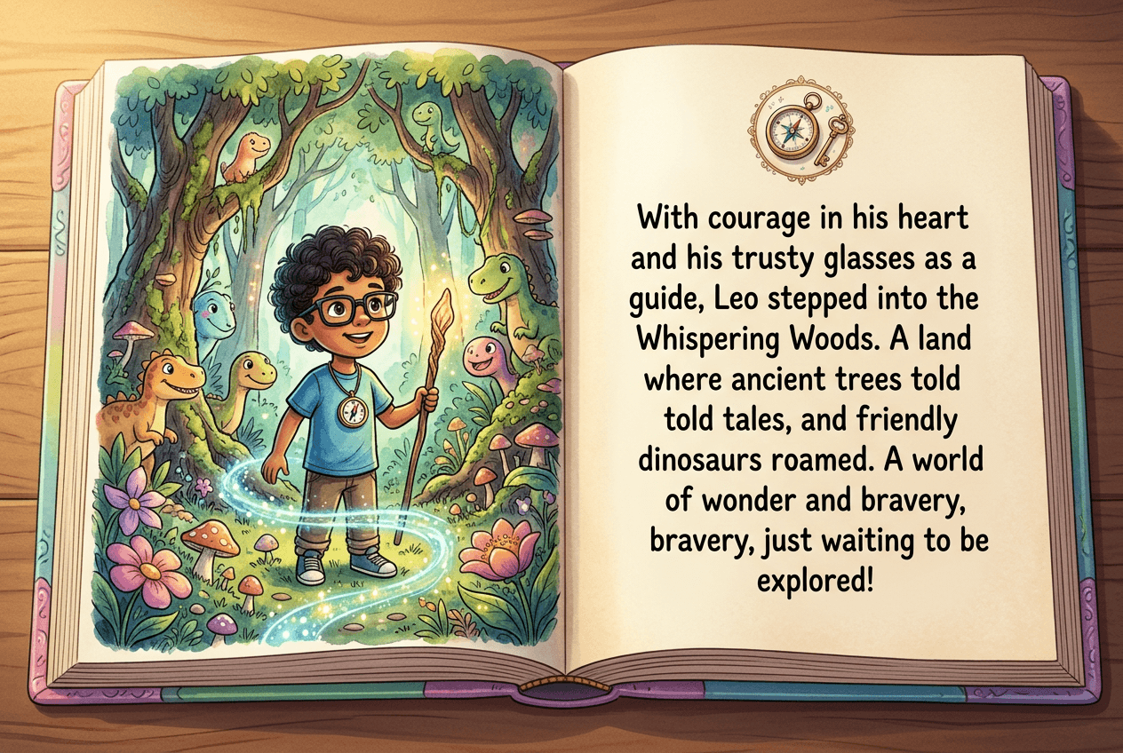 Illustrated storybook with the child's avatar as the hero